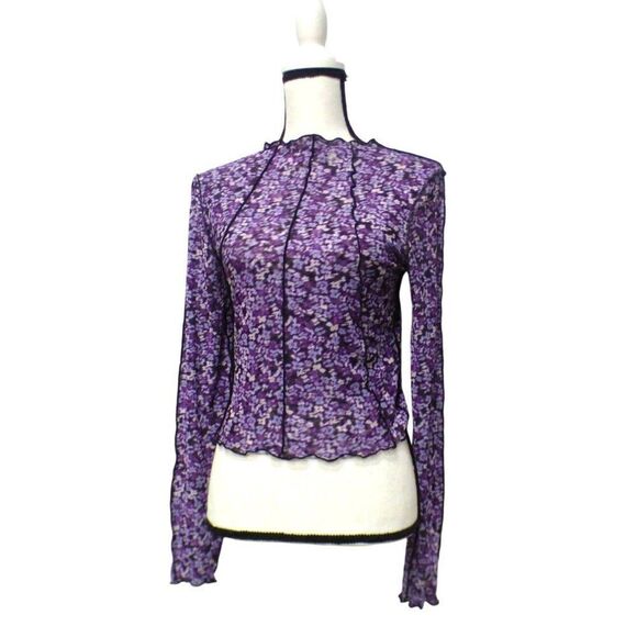 Noisy May Carrie Mock Neck Mesh Top In Amaranth Purple/ Virtual Flower, M - Picture 3 of 12